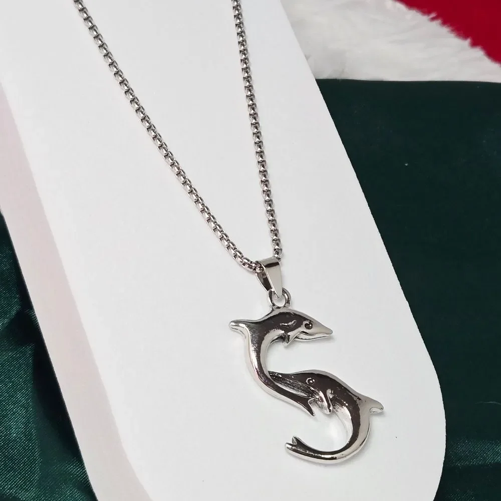Silver Double Dolphin Pendant Necklace 24” Stainless Steel Coastal Cruise Vacay